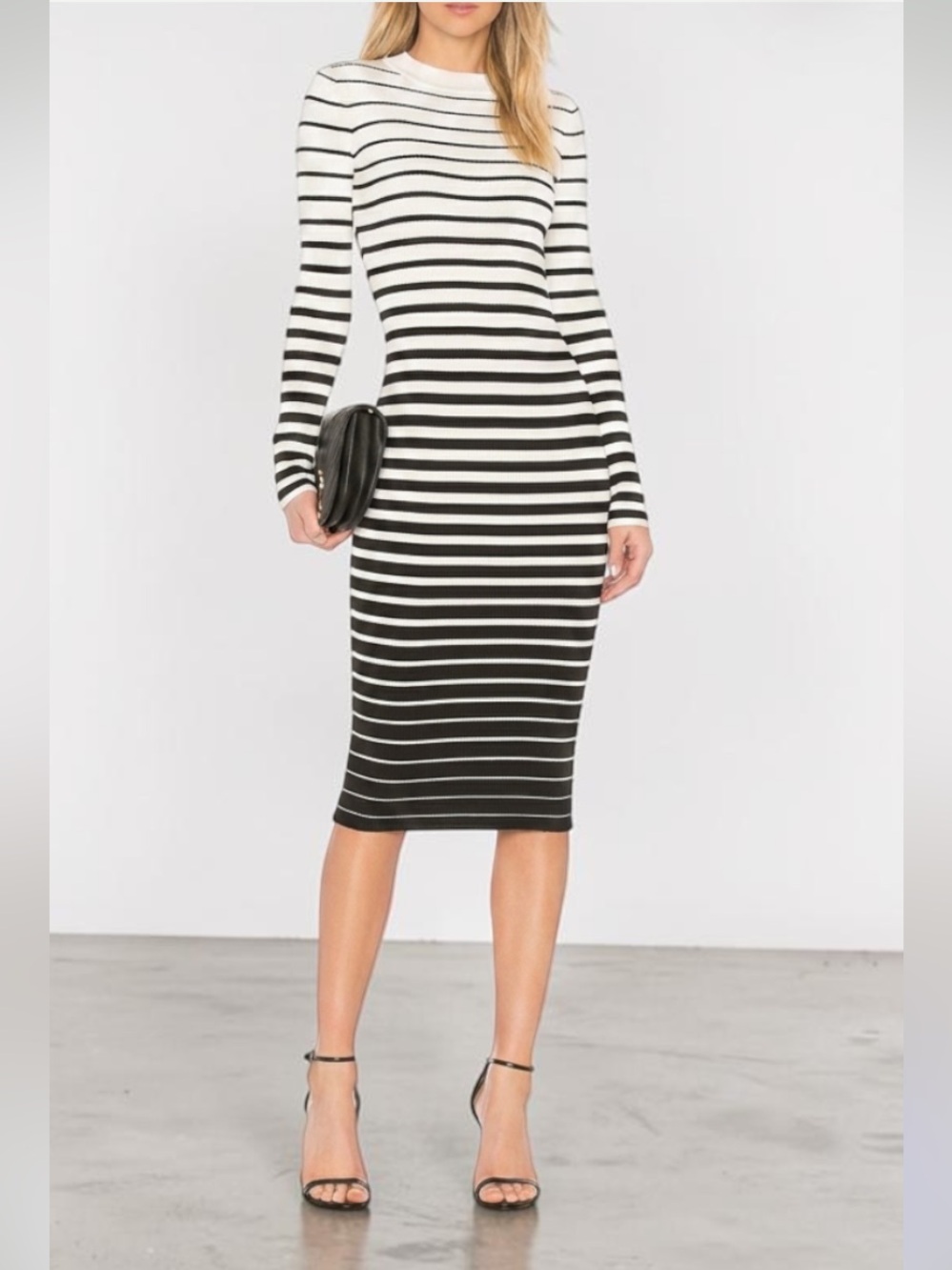 Milly Black and White Striped Long-Sleeve Midi Knit Dress